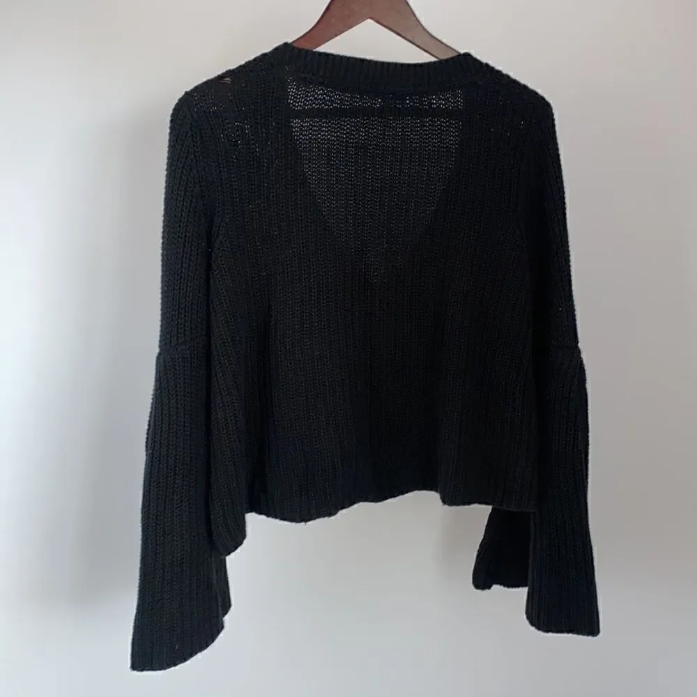 Free People Damsel Cable Knit Pullover Black Sweater Bell Sleeves Oversized XS
